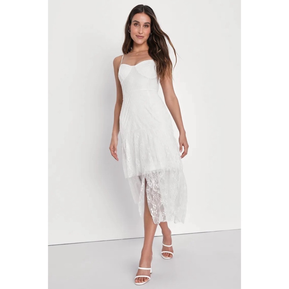 NWT Lulus White Lace Elaborate Love Bustier Tiered High Low Maxi Dress Womens M